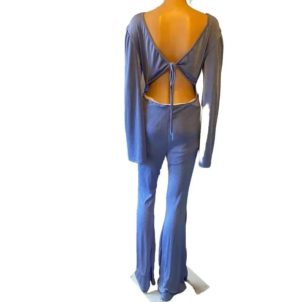 Shein Sexy Flirty Cutout Women's Jumpsuit L Flounce Sleeve Flare Leg Stretchy